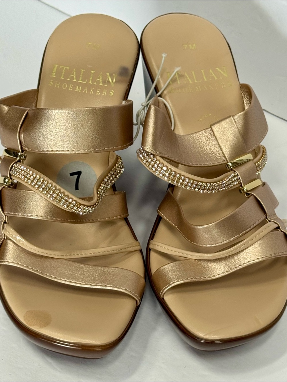Italian Shoemakers Metallic Gold Wedge Sandals with Rhinestone Straps - Picture 2 of 14